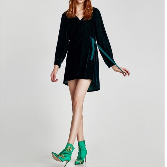 zara green velvet wrap dress